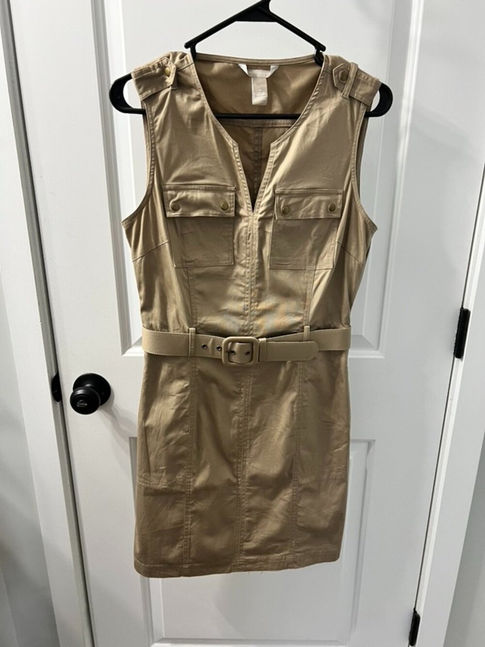 Banana Republic Khaki Safari Sheath Dress Belted Size 6 Sleeveless Utility Style
